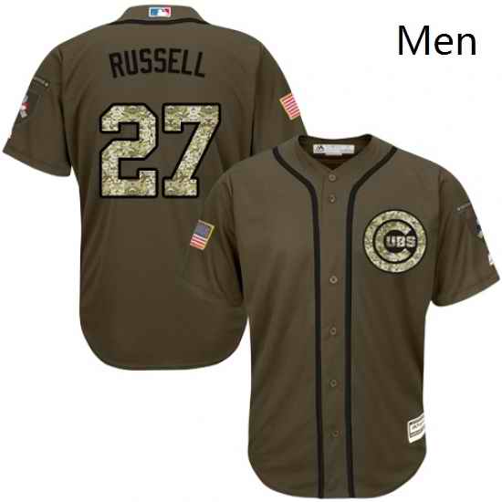 Mens Majestic Chicago Cubs 27 Addison Russell Replica Green Salute to Service MLB Jersey